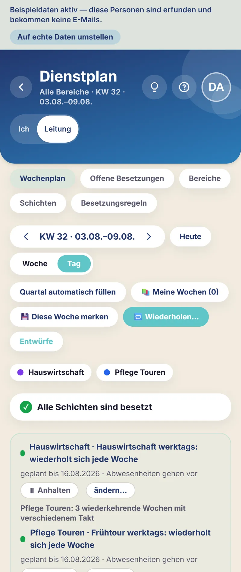 Schichtfix auf dem Smartphone: die Touren der ambulanten Pflege in der Tagesansicht