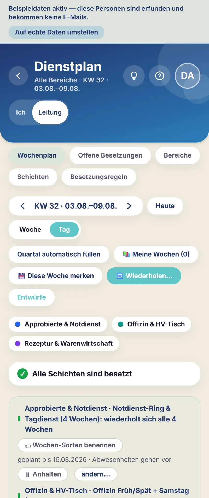 Schichtfix auf dem Smartphone: der Apotheken-Dienstplan in der Tagesansicht