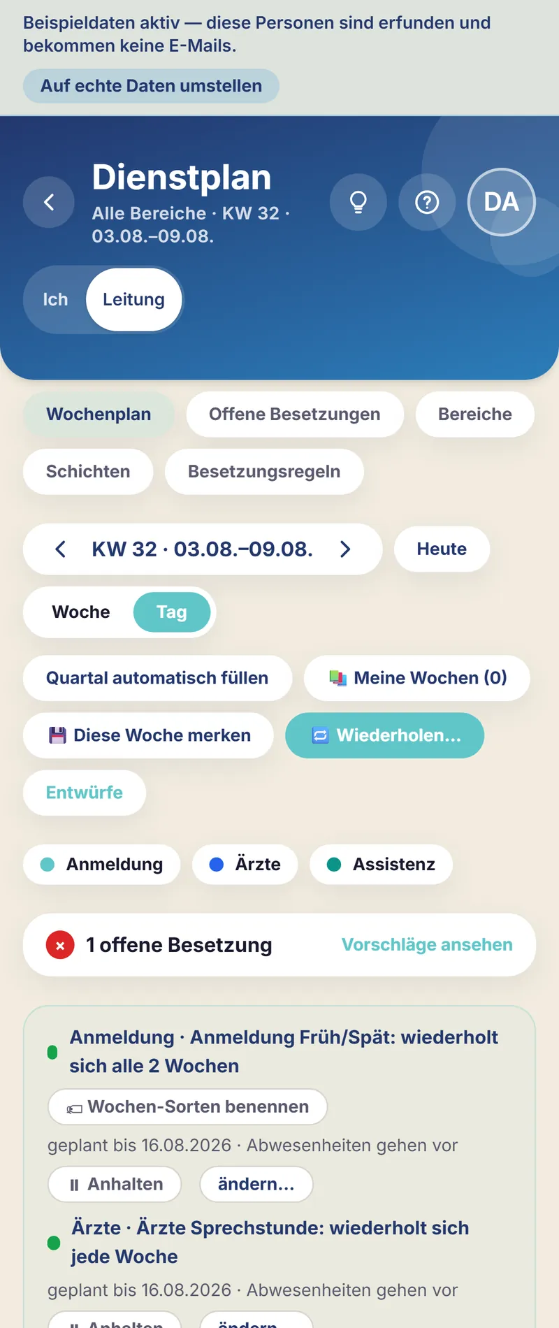 Schichtfix auf dem Smartphone: der Praxis-Dienstplan in der Tagesansicht