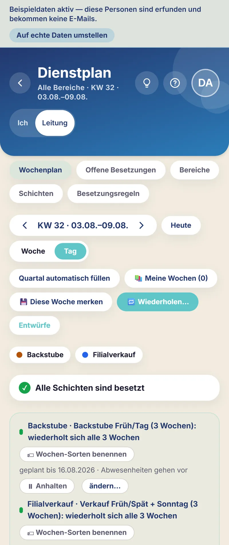 Schichtfix auf dem Smartphone: der Bäckerei-Schichtplan in der Tagesansicht