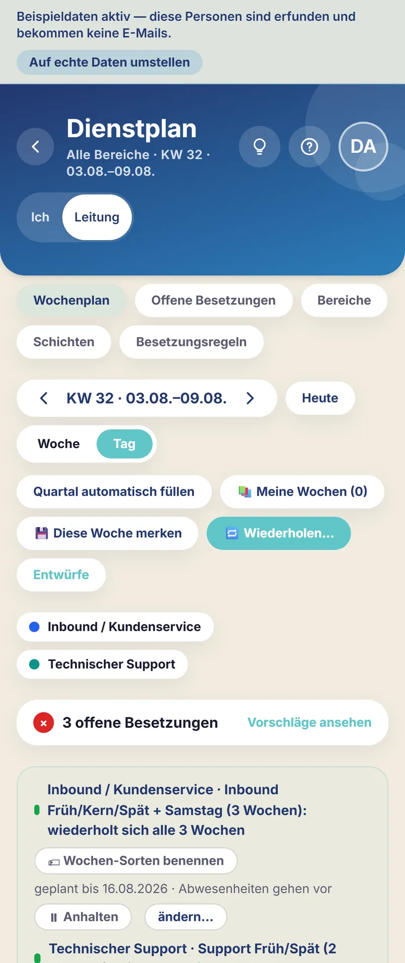 Schichtfix auf dem Smartphone: der Dienstplan des Serviceteams in der Tagesansicht