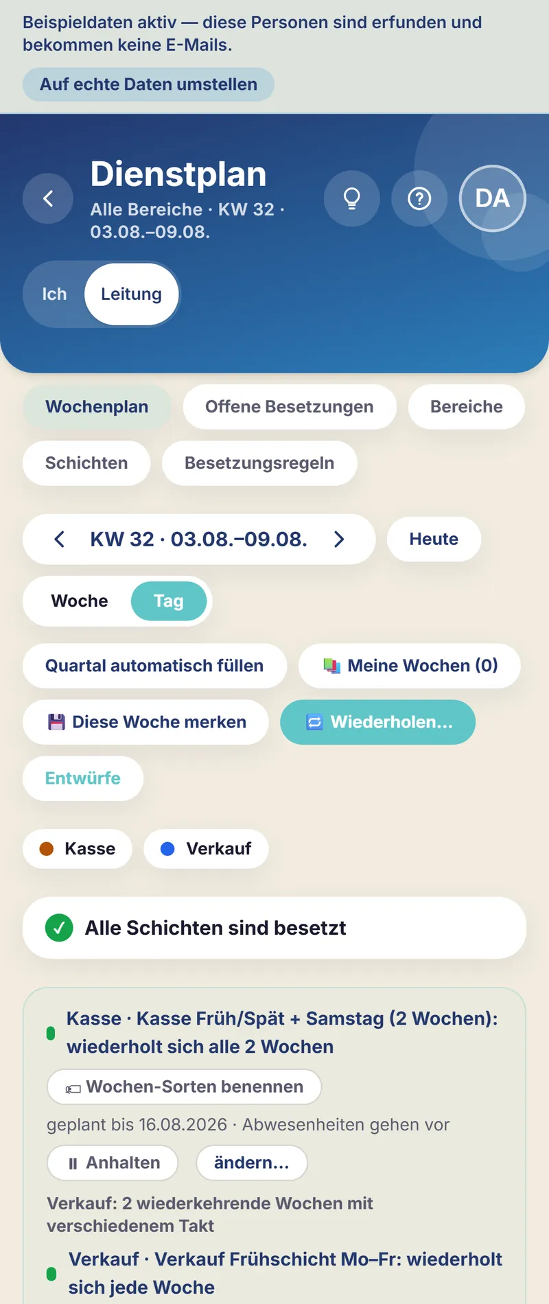 Schichtfix auf dem Smartphone: der Schichtplan des Ladens in der Tagesansicht