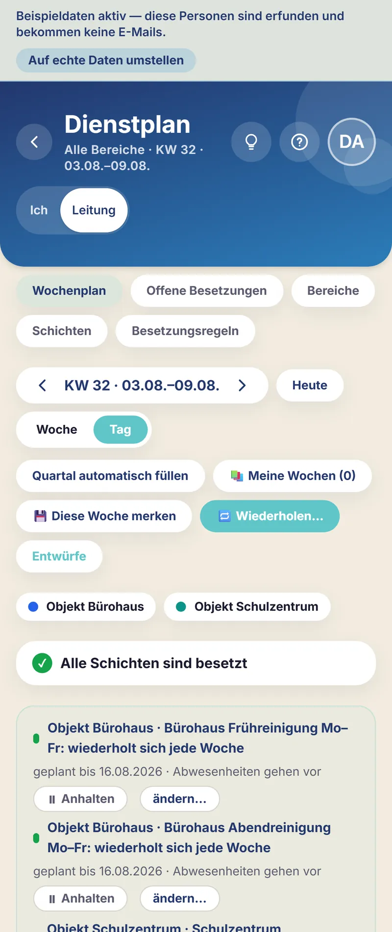 Schichtfix auf dem Smartphone: die Objekt-Einsatzplanung in der Tagesansicht