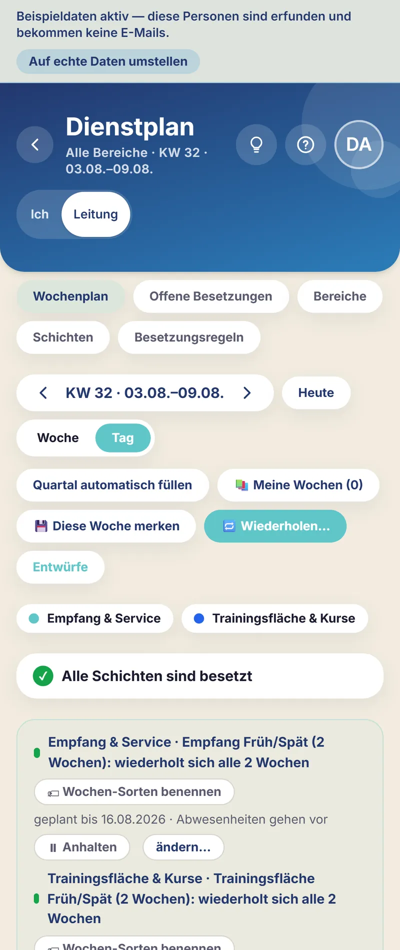 Schichtfix auf dem Smartphone: der Studio-Dienstplan in der Tagesansicht
