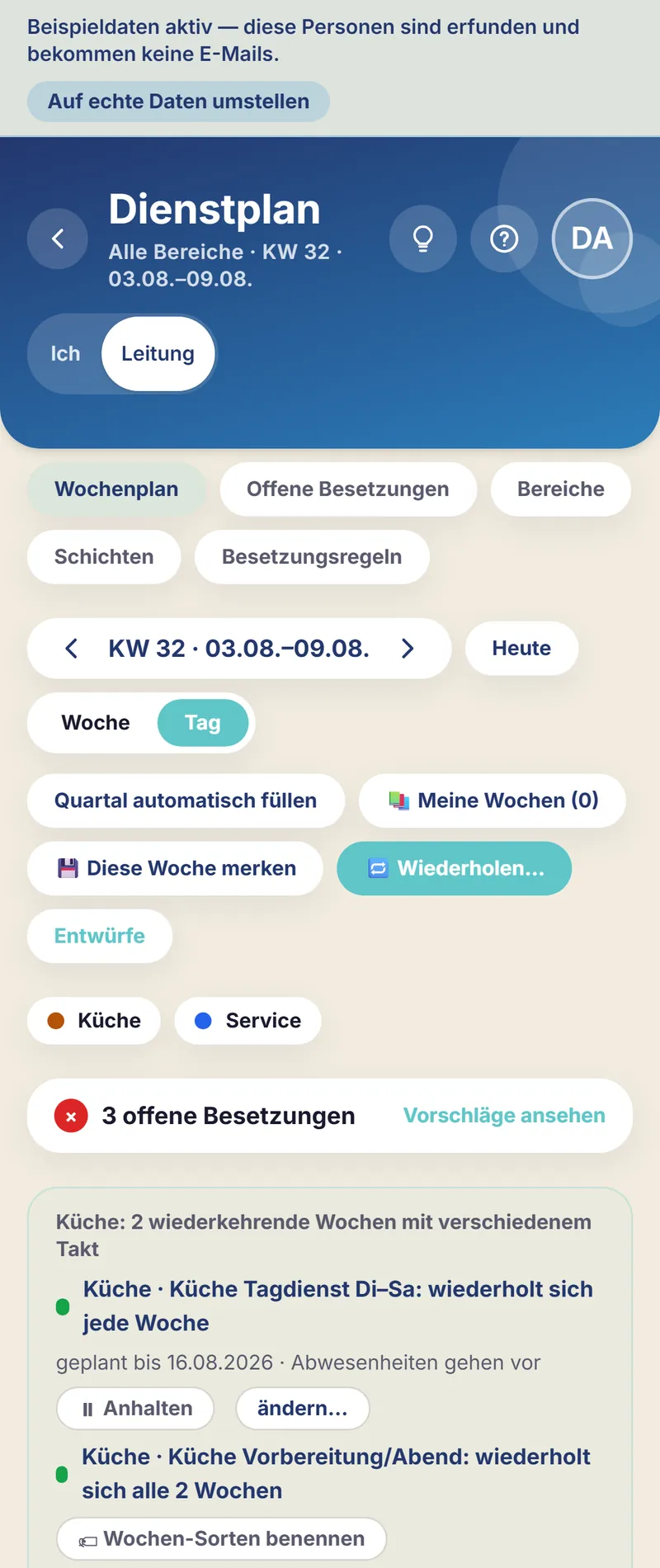 Schichtfix auf dem Smartphone: der Dienstplan der Gastronomie in der Tagesansicht