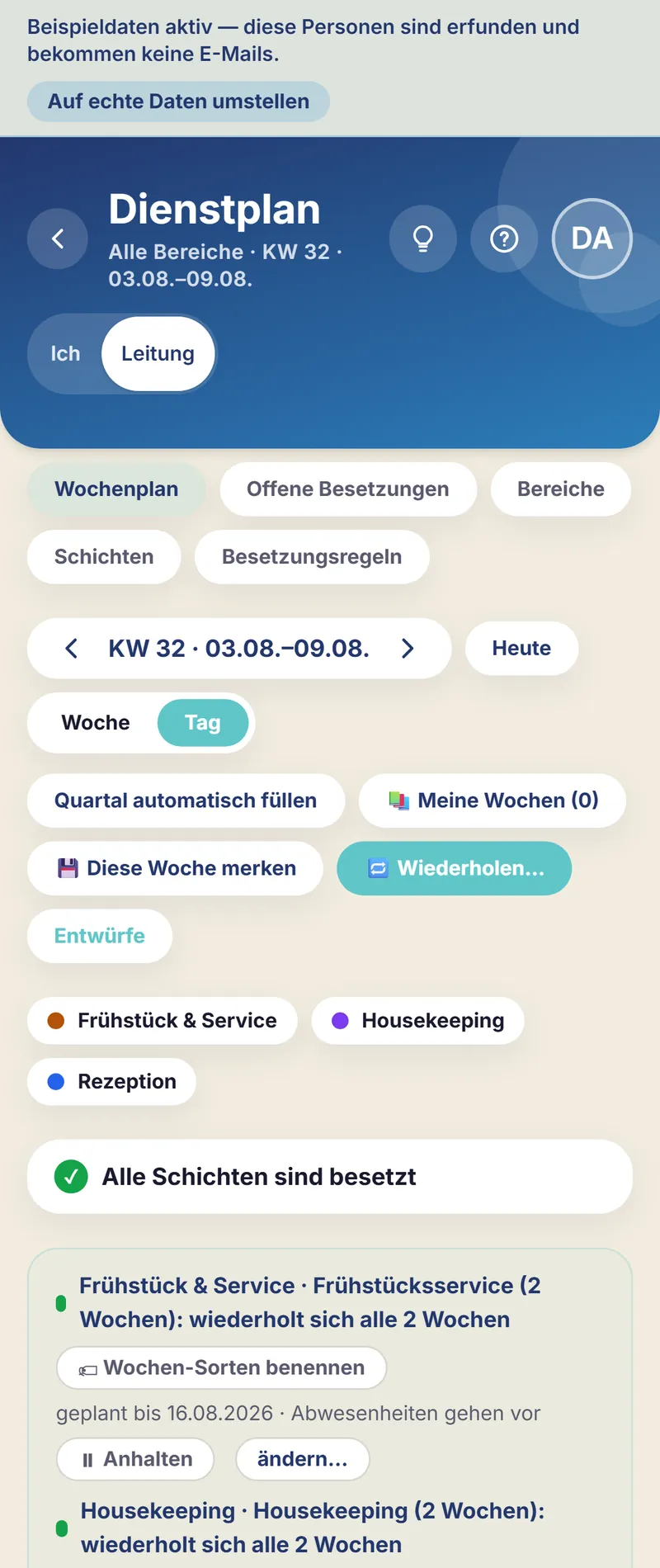 Schichtfix auf dem Smartphone: der Hotel-Dienstplan in der Tagesansicht