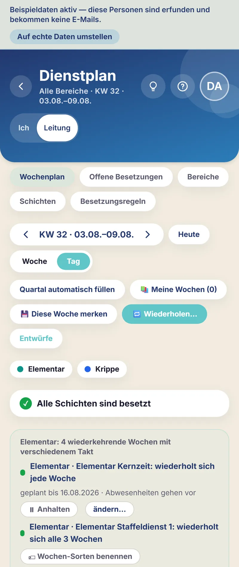 Schichtfix auf dem Smartphone: der Kita-Dienstplan in der Tagesansicht