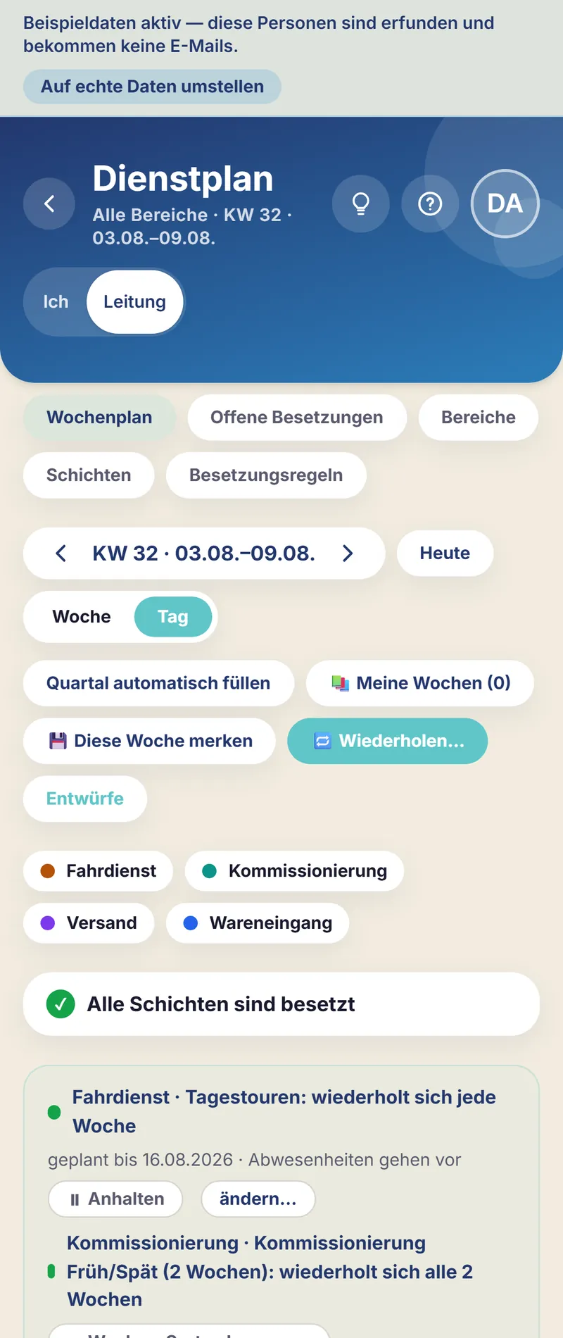 Schichtfix auf dem Smartphone: der Logistik-Schichtplan in der Tagesansicht