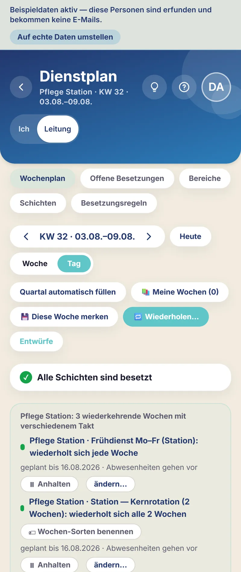 Schichtfix auf dem Smartphone: der Schichtplan der Pflege in der Tagesansicht