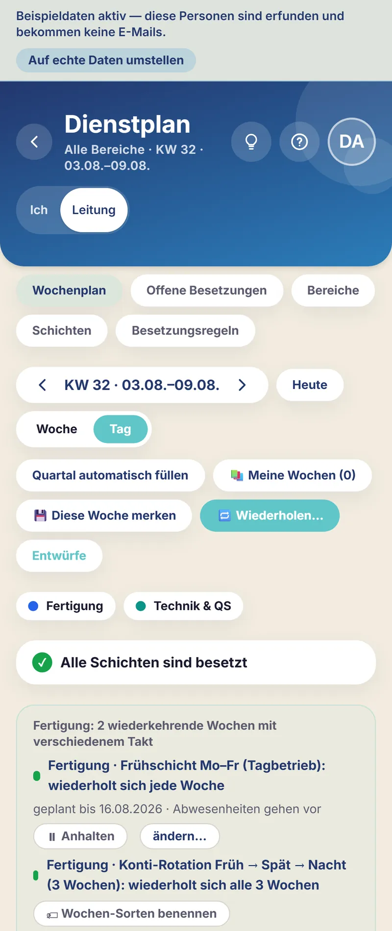 Schichtfix auf dem Smartphone: der Schichtplan der Fertigung in der Tagesansicht