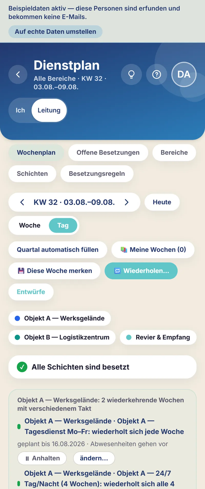 Schichtfix auf dem Smartphone: der Dienstplan des Sicherheitsdienstes in der Tagesansicht