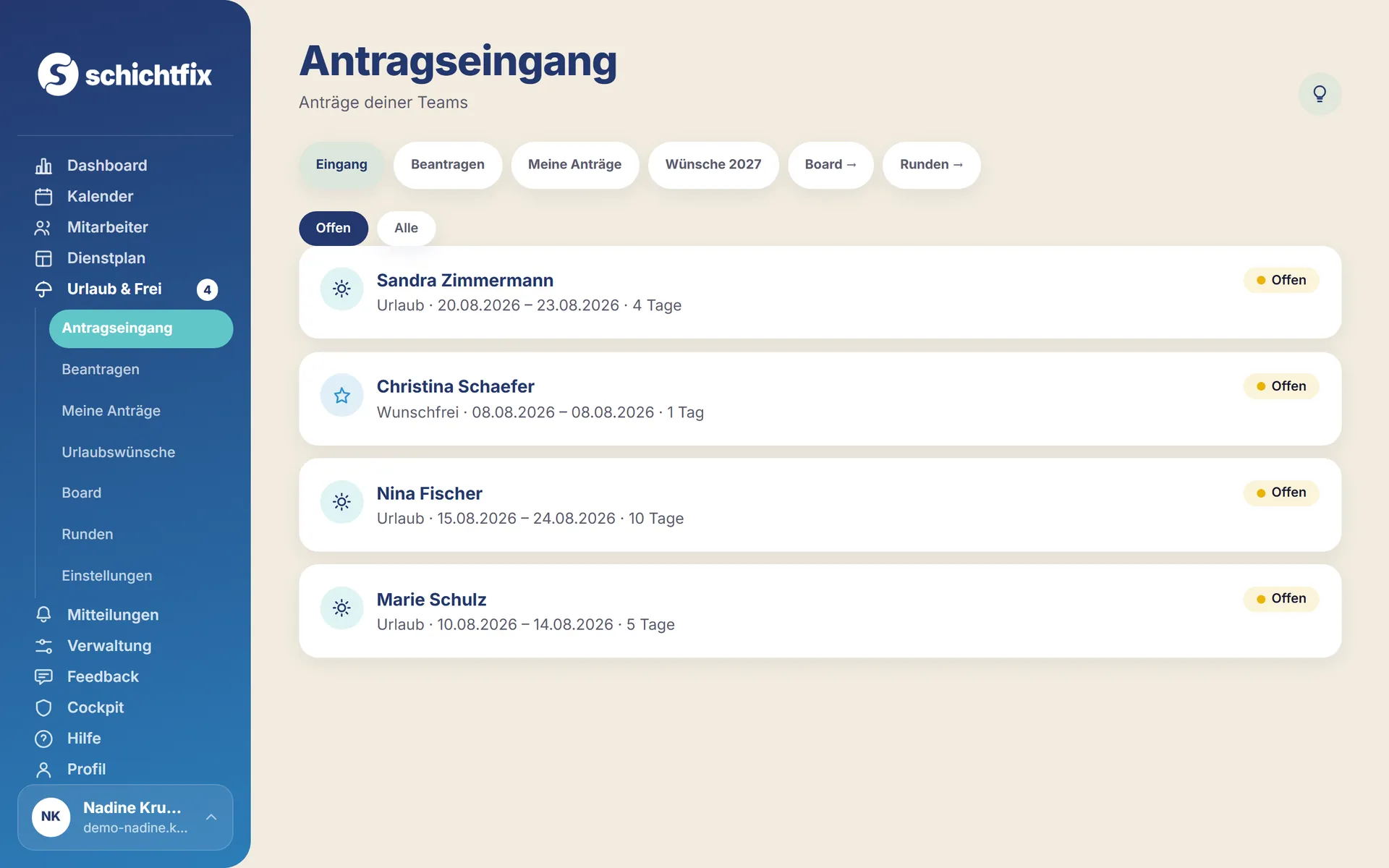 Schichtfix Antragseingang (Desktop)