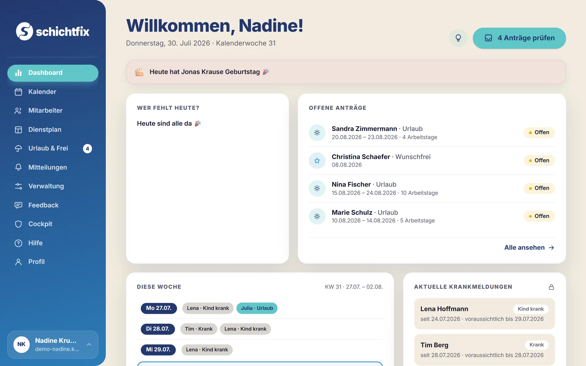 Schichtfix Dashboard (Desktop)
