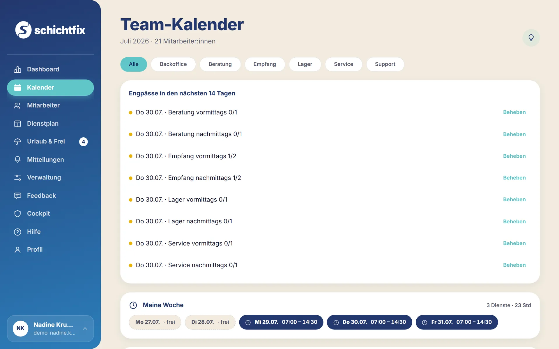 Schichtfix Team-Kalender Monat (Desktop)